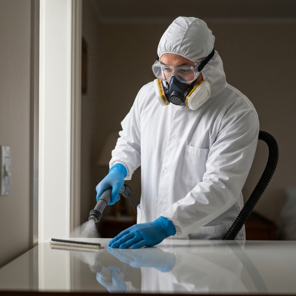 Technician in full PPE disinfecting surfaces