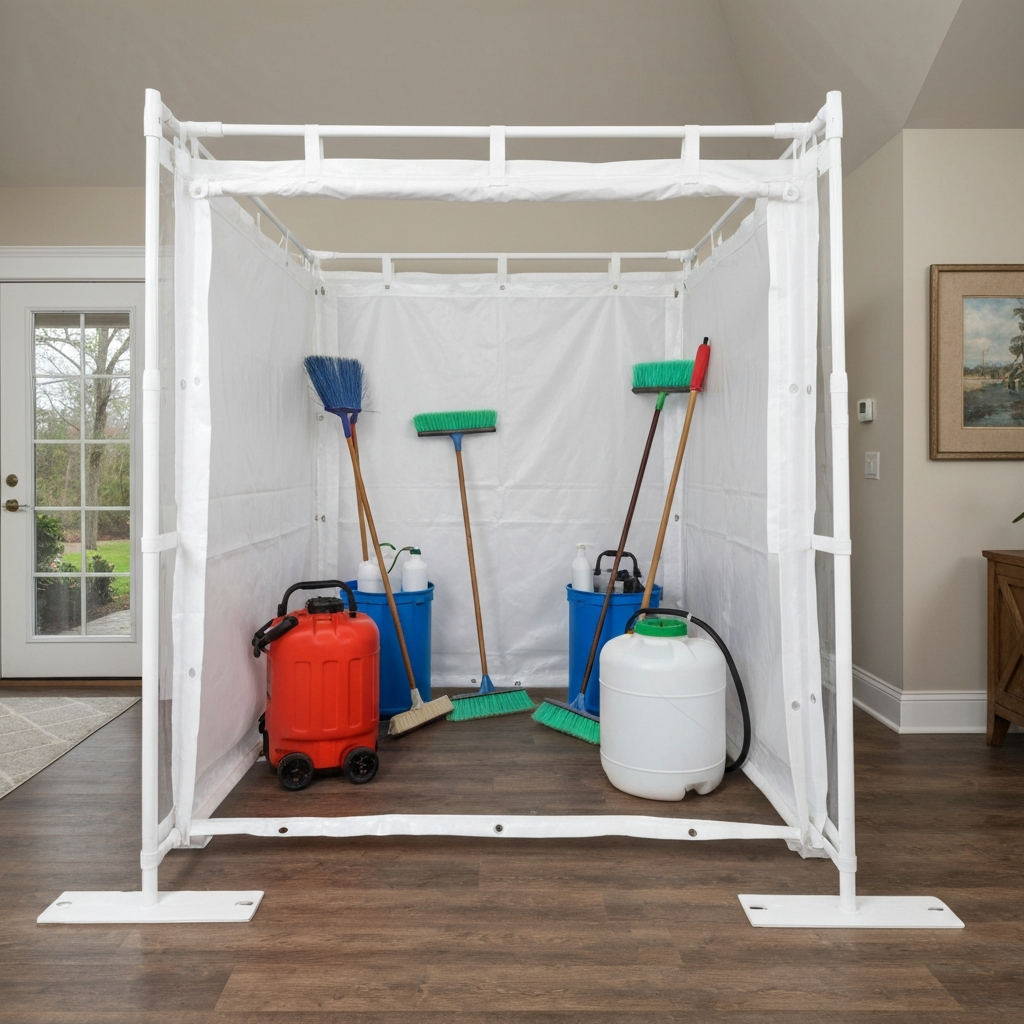 Contained cleanup area with barriers and equipment set up inside a home
