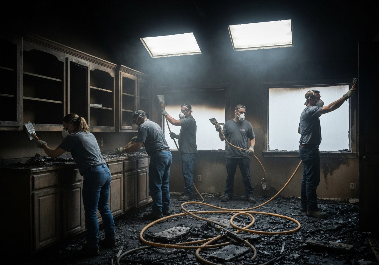 Fire damage cleanup technicians at work