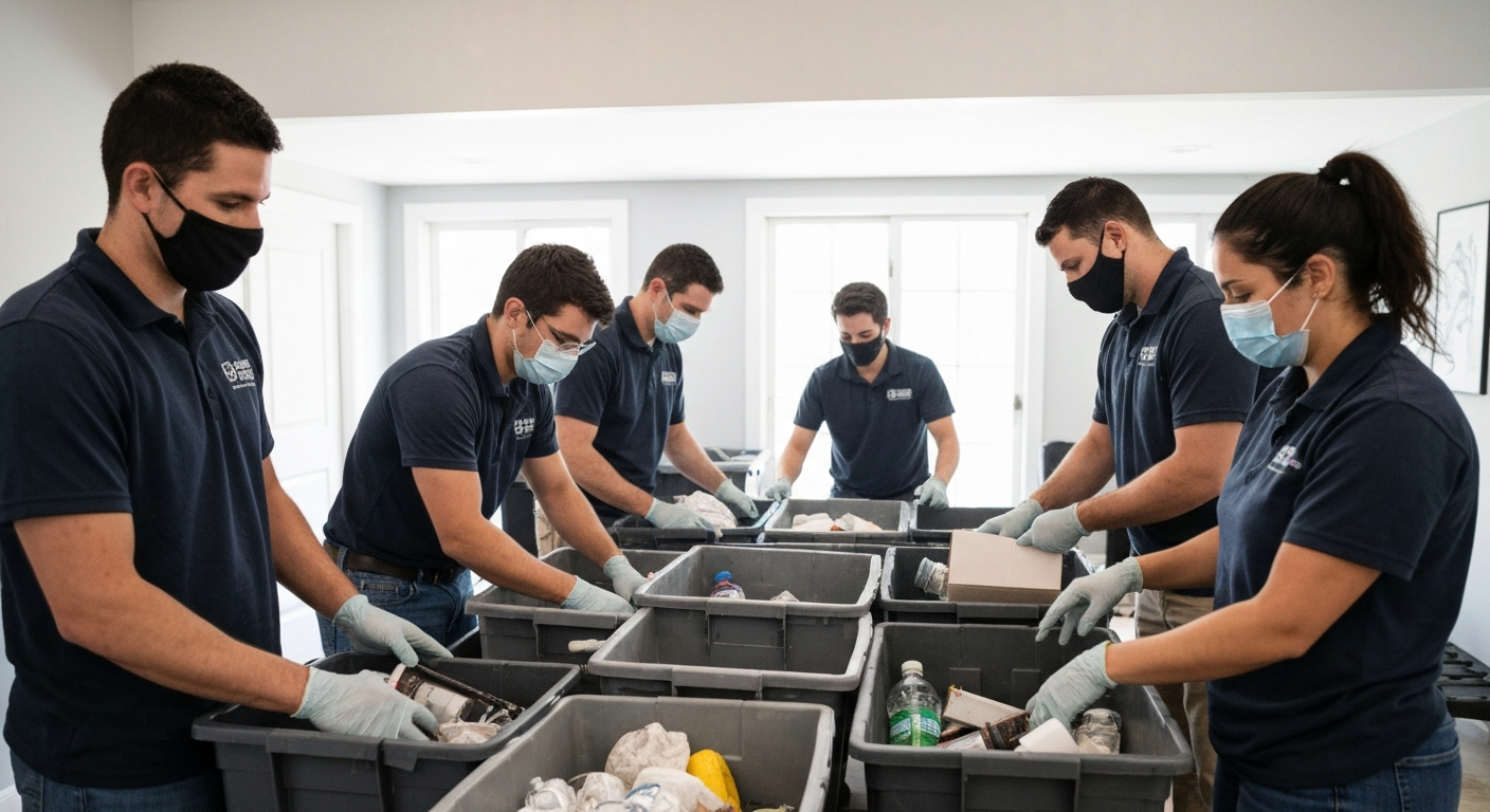 Professional cleanup team methodically restoring a home