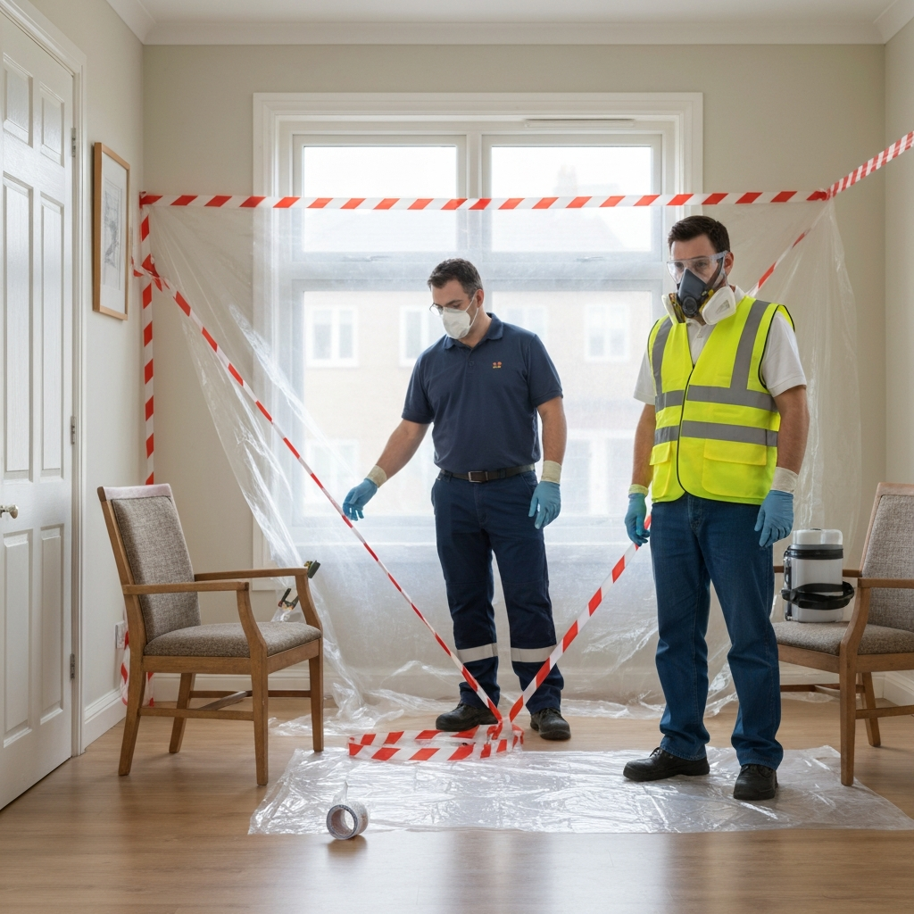 Professional cleanup setup showing containment barriers and PPE