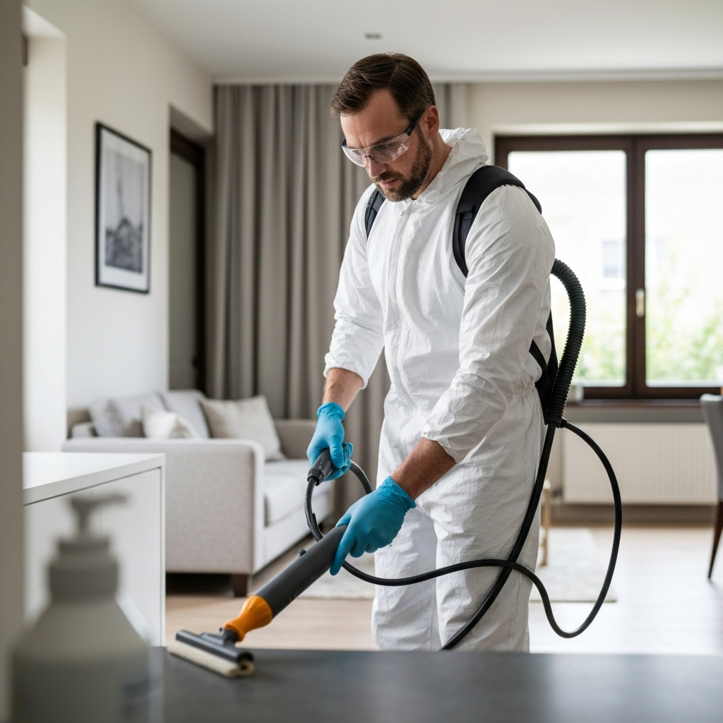 Professional technician in full PPE cleaning surfaces