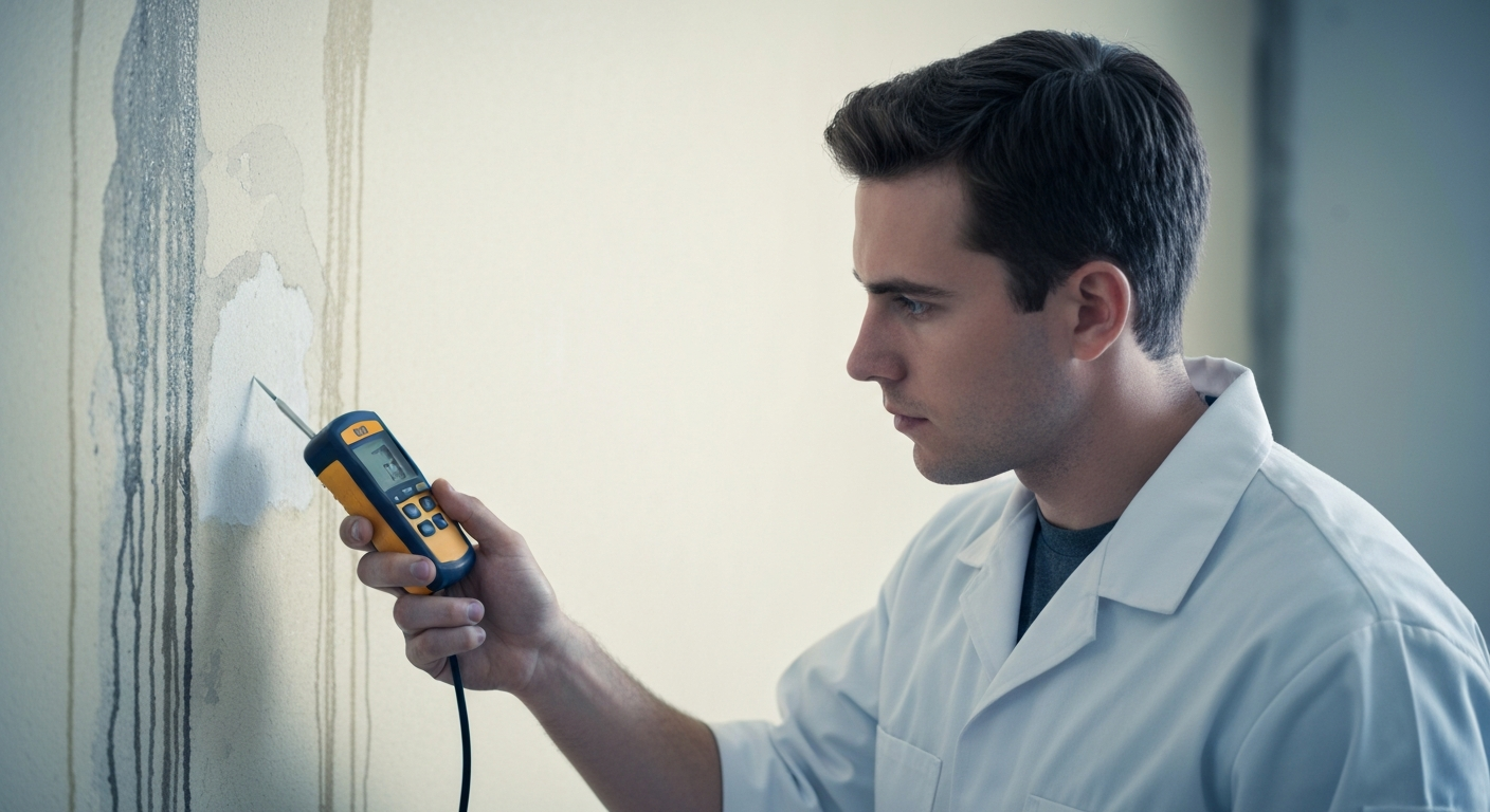 Technician inspecting water-damaged wall with moisture meter