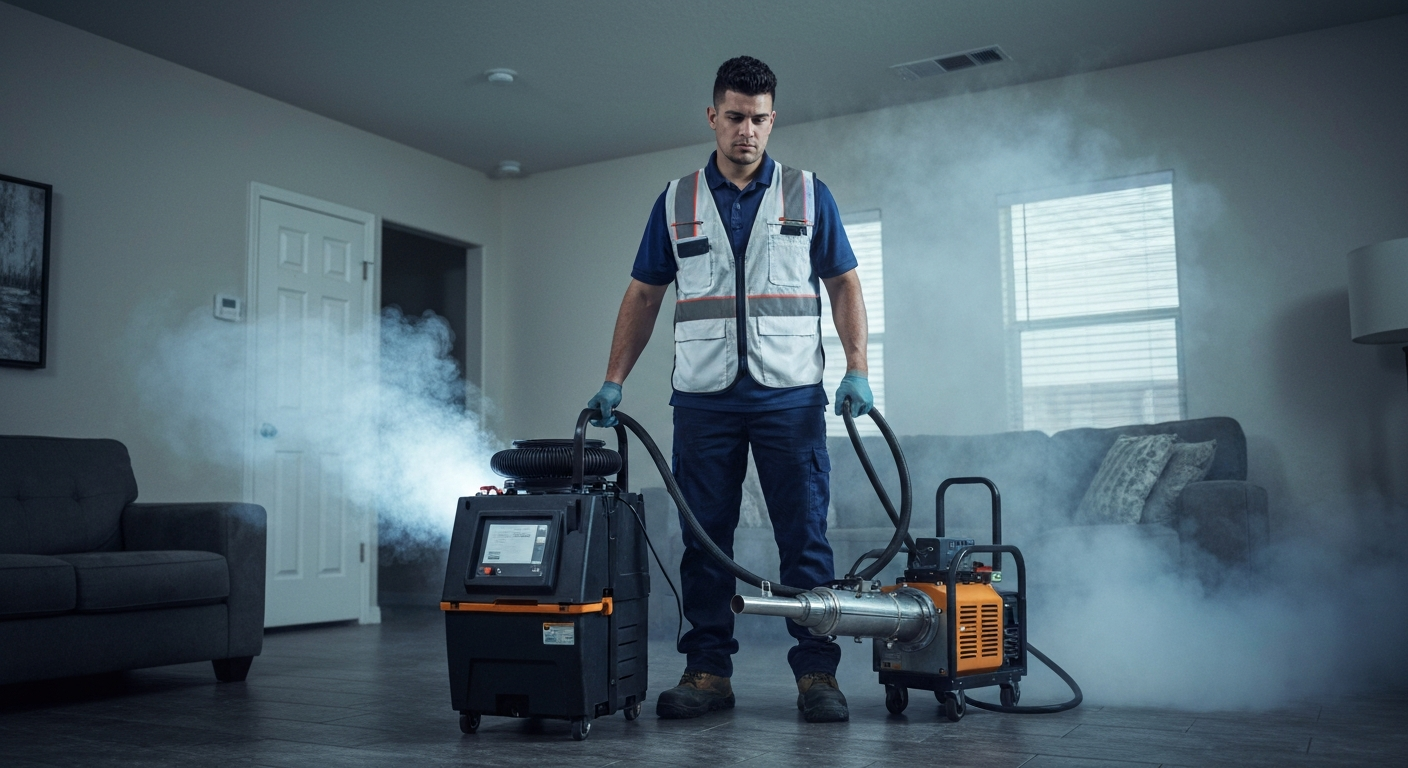 Restoration technician using an air scrubber for smoke odor removal