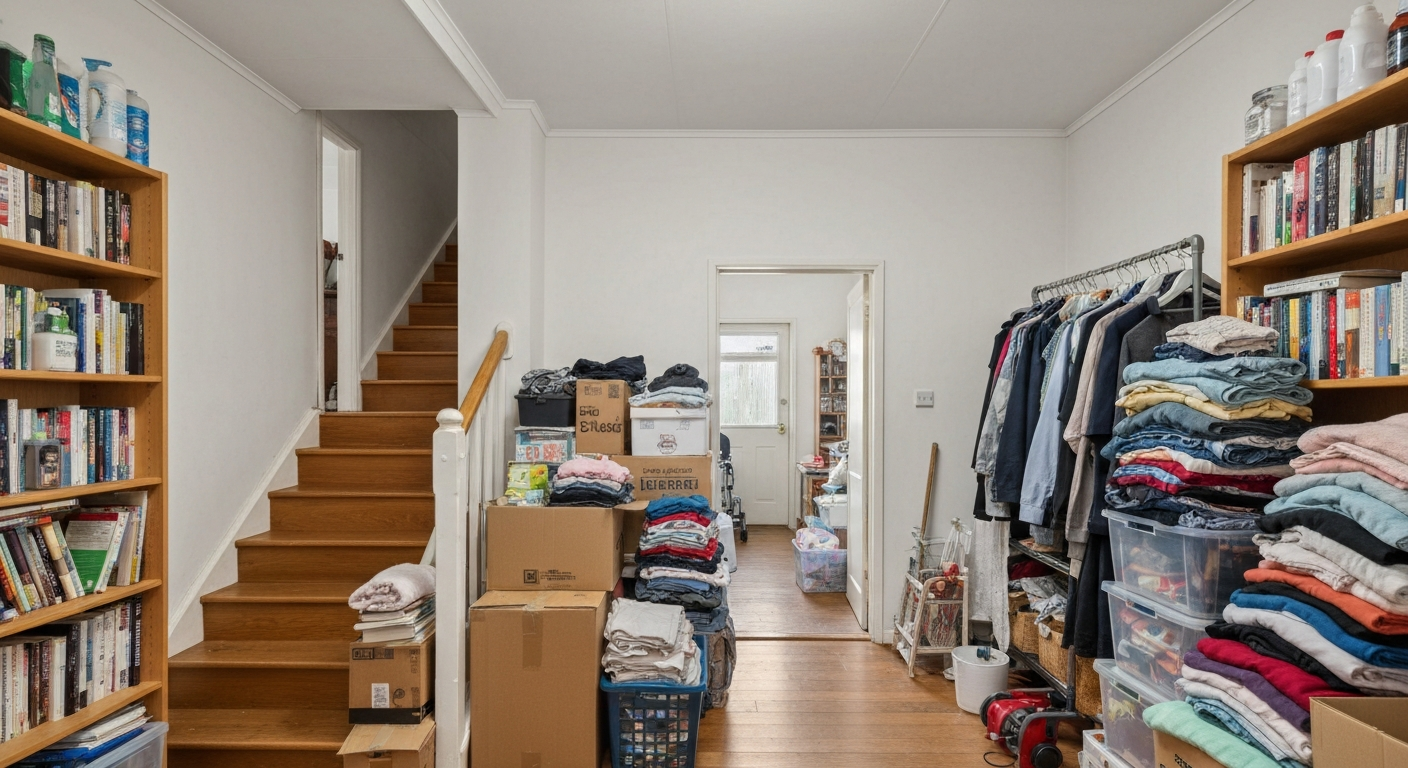 Cluttered walkways and stacked items in a home, highlighting reduced mobility and safety concerns