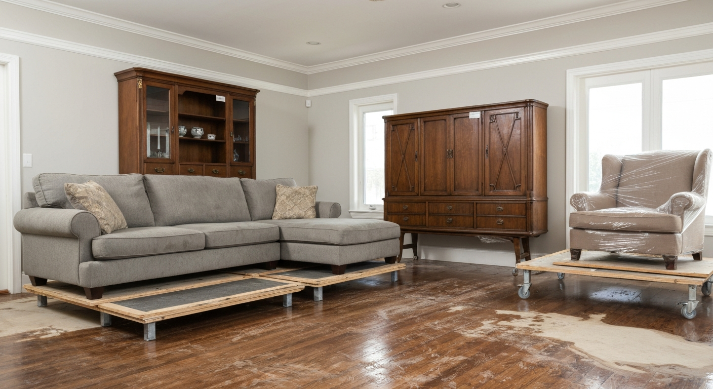 Furniture lifted and protected in water-damaged living room