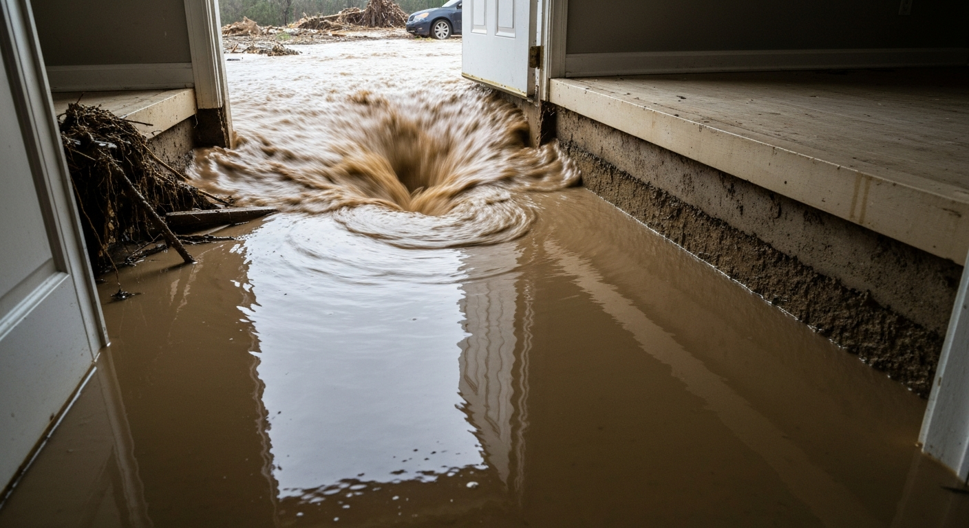 Muddy floodwater entering a home foundation