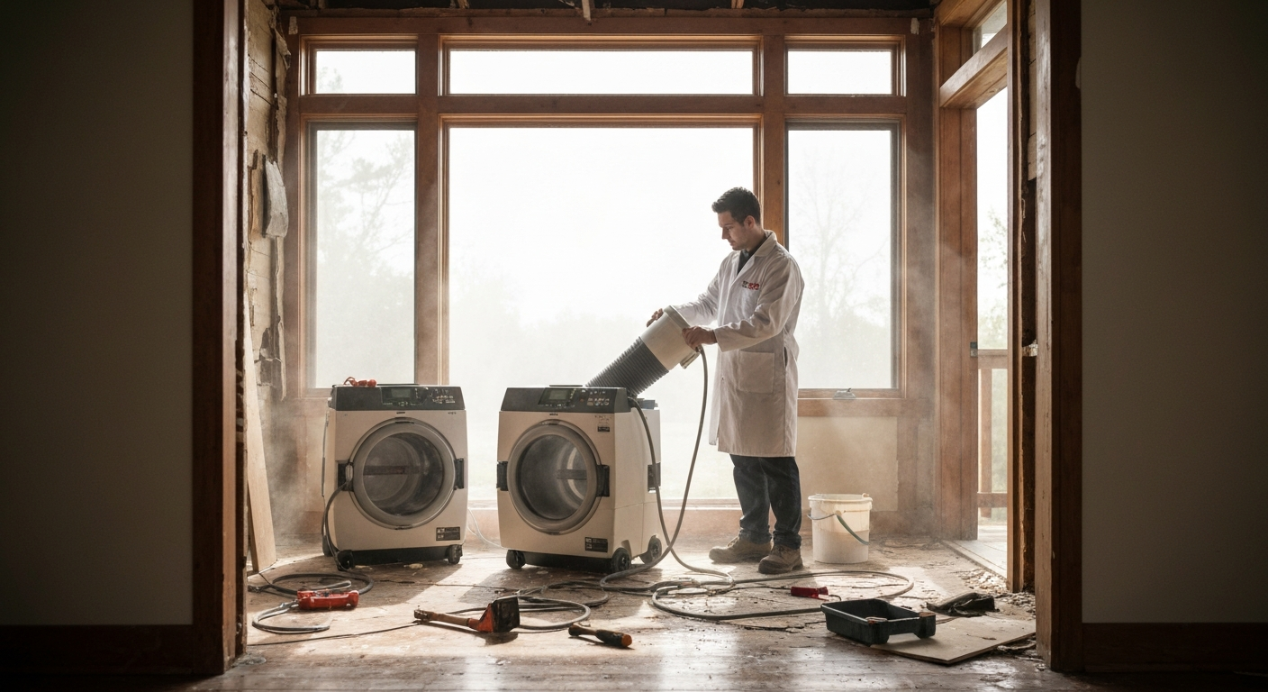 Technician using drying equipment or air scrubbers in a home undergoing restoration