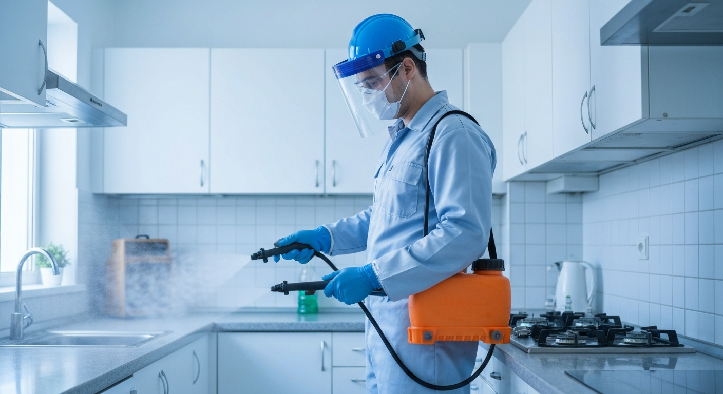 Technician disinfecting surfaces with professional-grade equipment