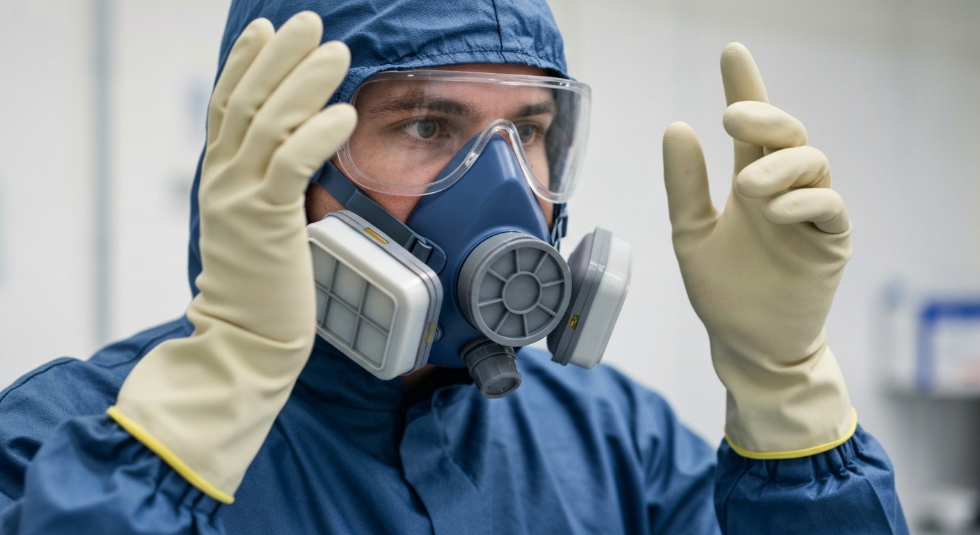 Close-up of a technician wearing full PPE, including suit, gloves, and respirator