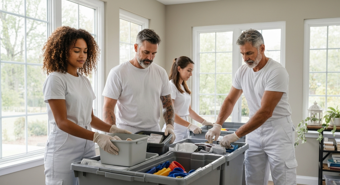 Professional cleanup team carefully removing clutter and organizing items in a controlled and structured process