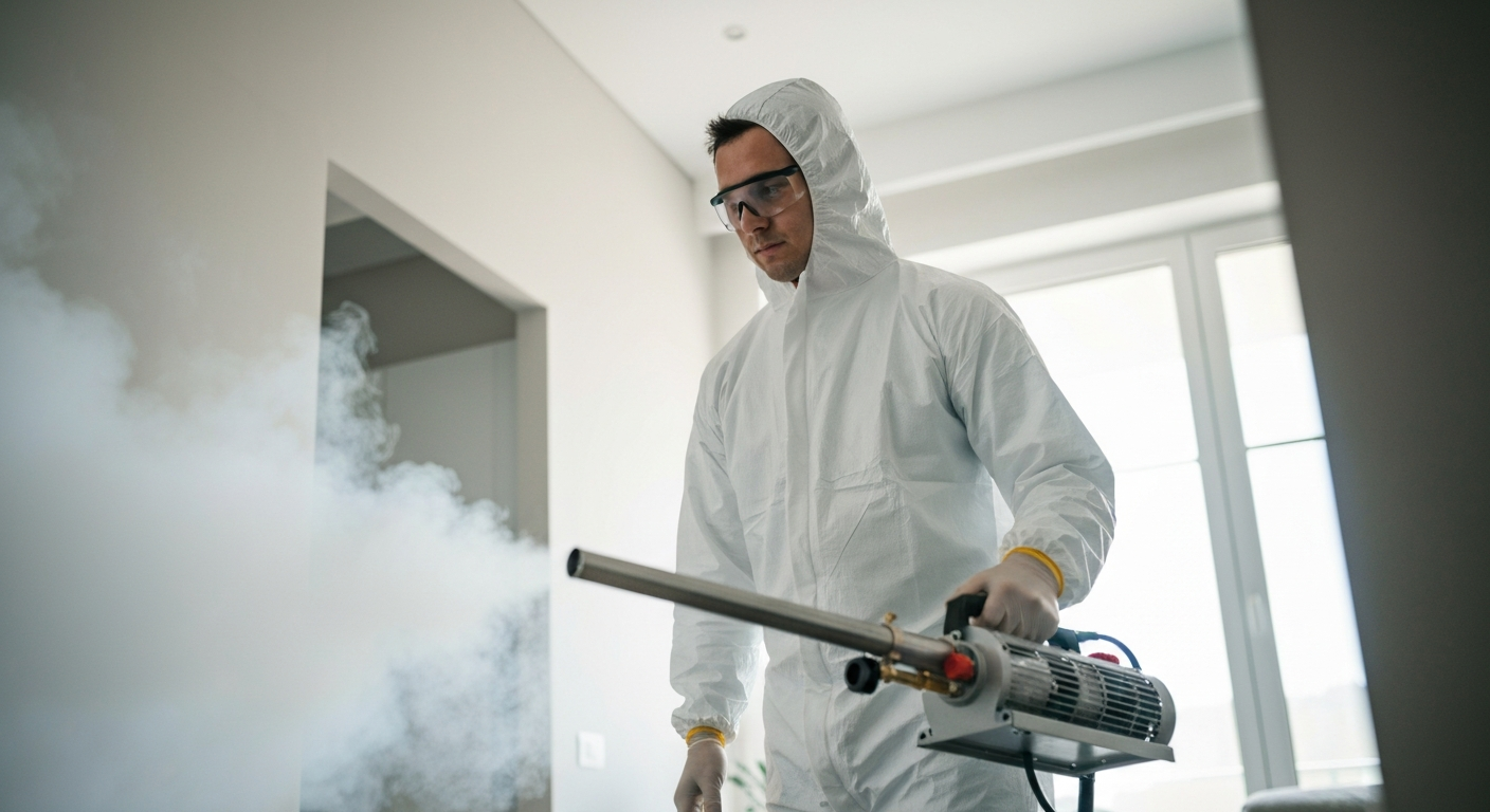 Technician using disinfecting equipment inside a controlled residential environment