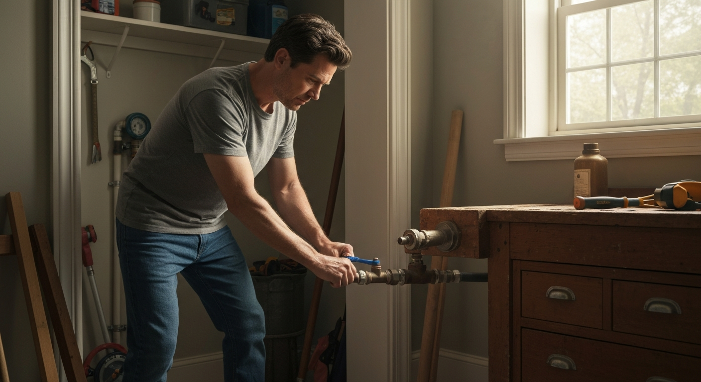 Homeowner turning off water valve