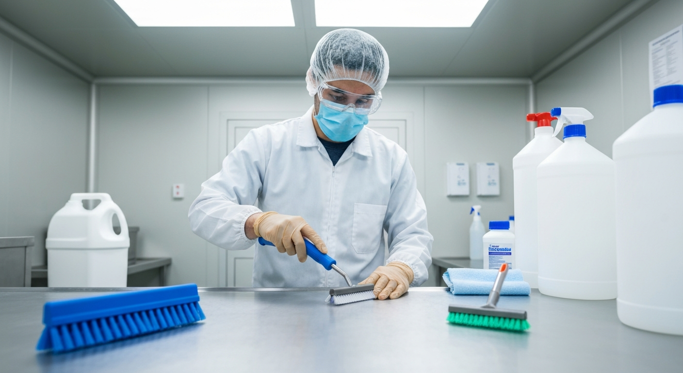 Technician in PPE carefully disinfecting surfaces