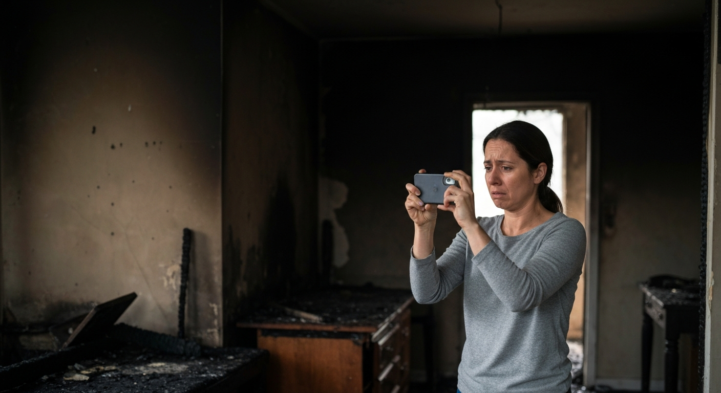 Homeowner documenting fire and soot damage with a phone