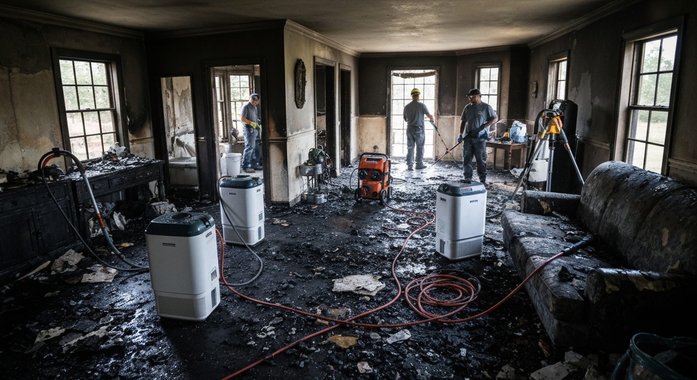 Soot damage and restoration equipment inside a home during cleanup