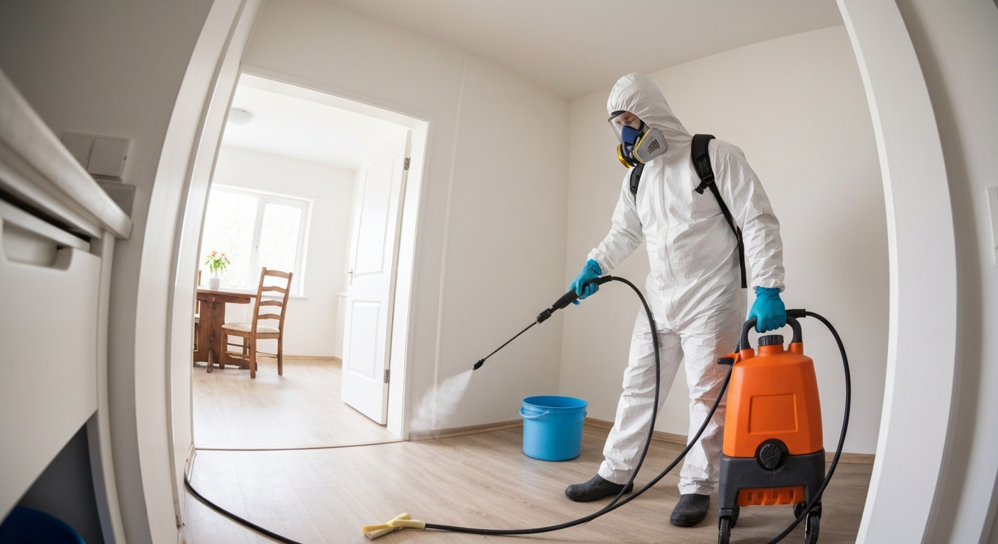 Technician in PPE disinfecting surfaces using professional-grade cleaning equipment