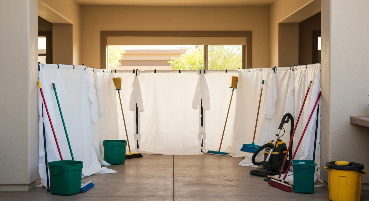 Professional cleanup setup showing containment barriers and PPE in a residential environment