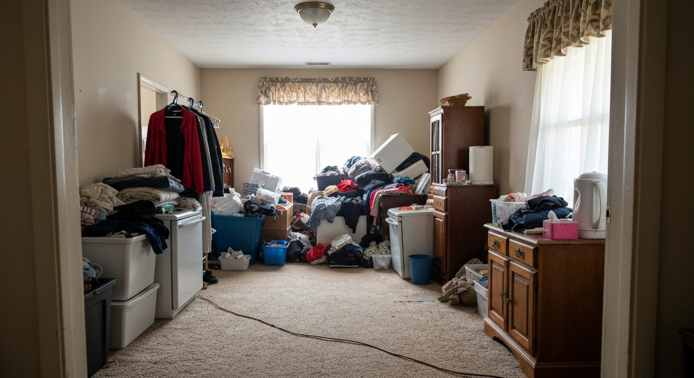 Clutter accumulation with limited walking space highlighting unsafe living conditions