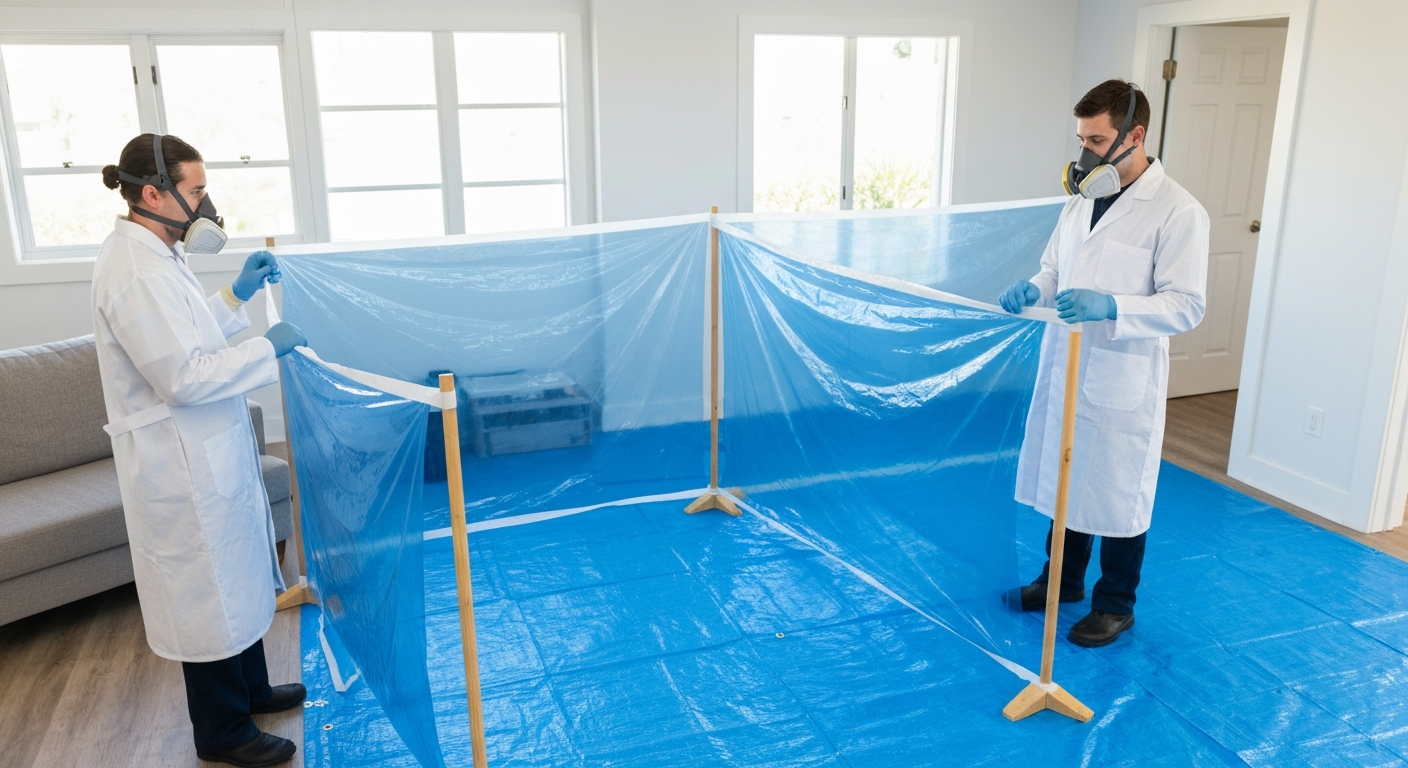 Professional cleanup setup showing containment barriers and PPE in a residential environment