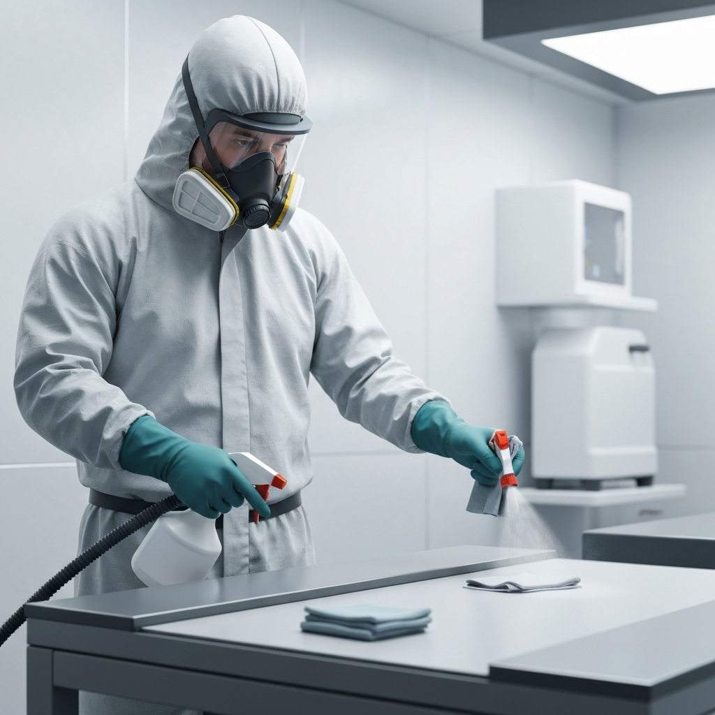 Technician in full PPE disinfecting surfaces using professional equipment