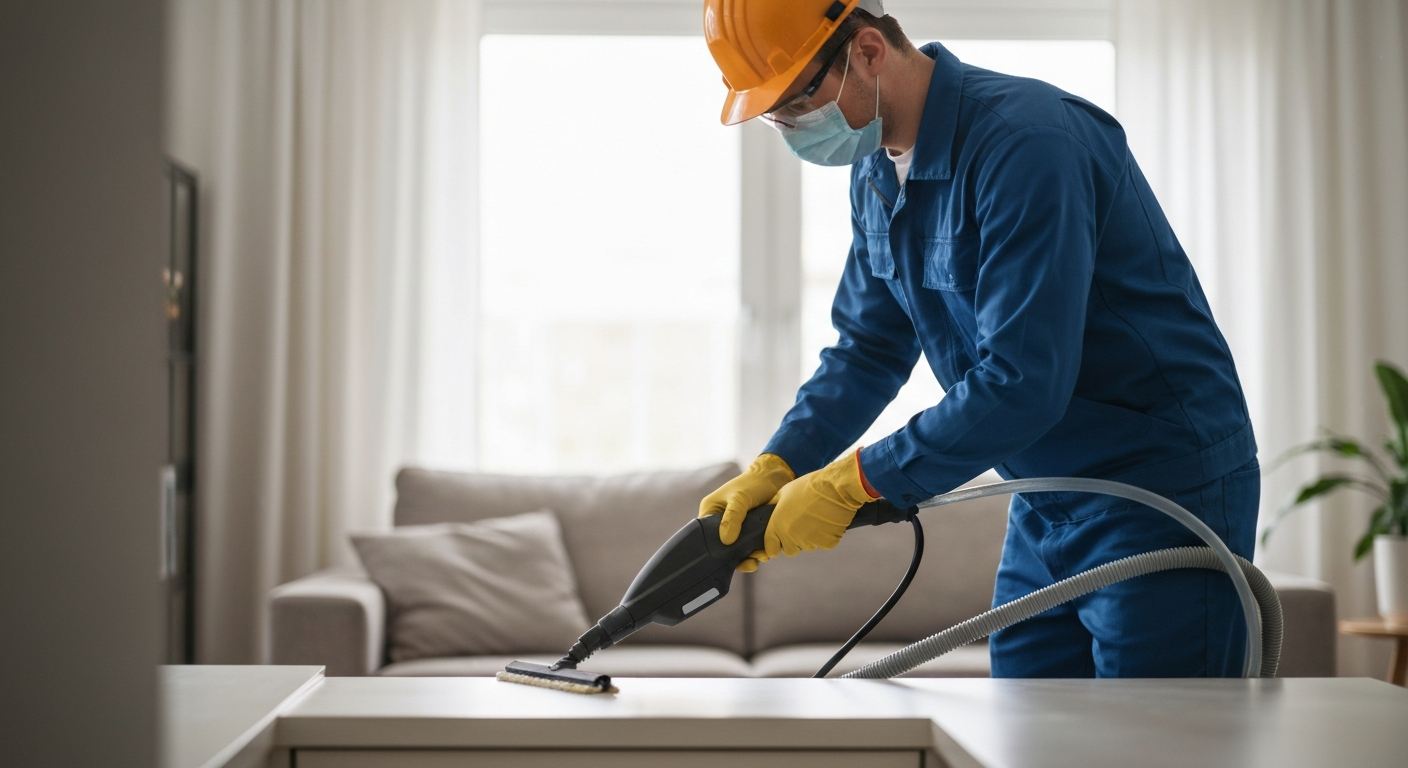 Technician disinfecting surfaces with professional-grade equipment