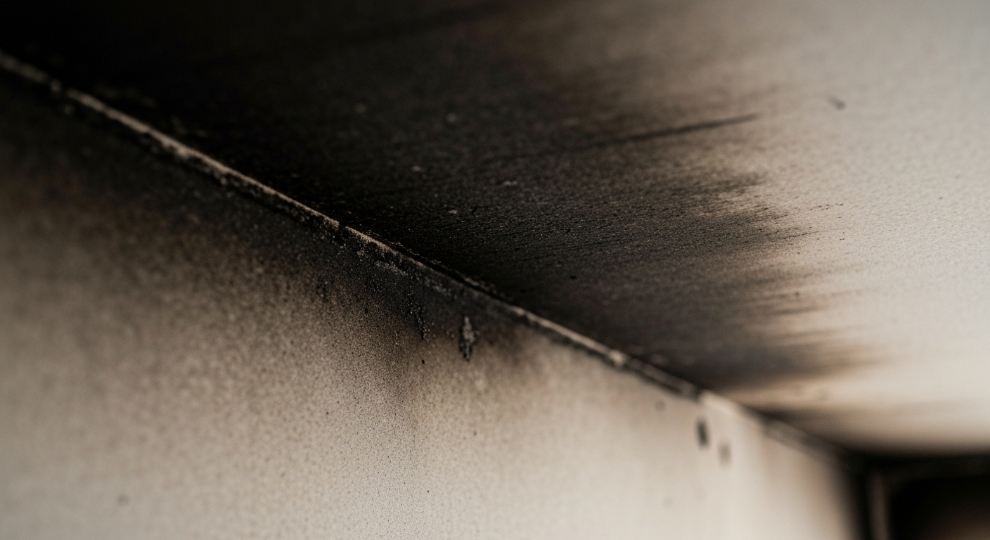 Close-up of soot and smoke residue on a ceiling