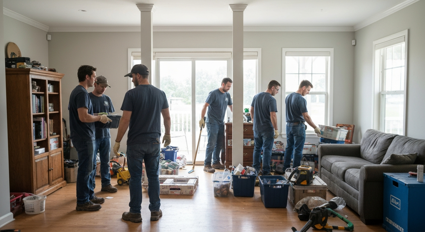 Professional cleanup team carefully clearing clutter to restore safe pathways