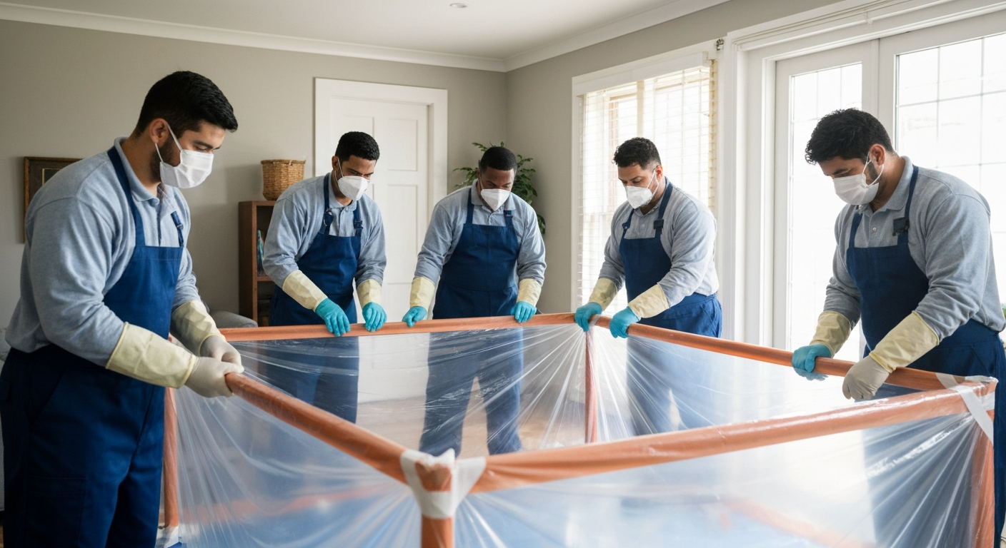 Professional cleanup team preparing a containment area