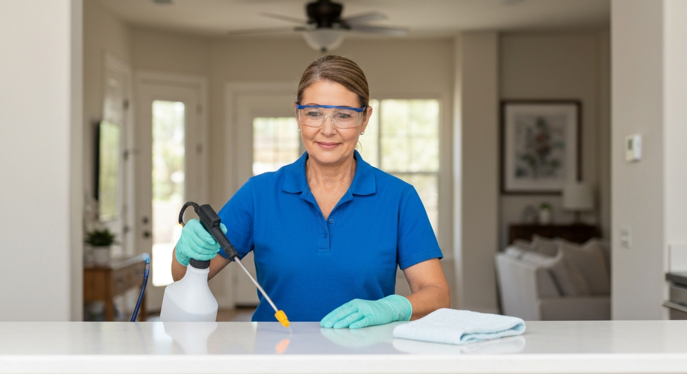 Technician disinfecting surfaces with professional-grade cleaning equipment