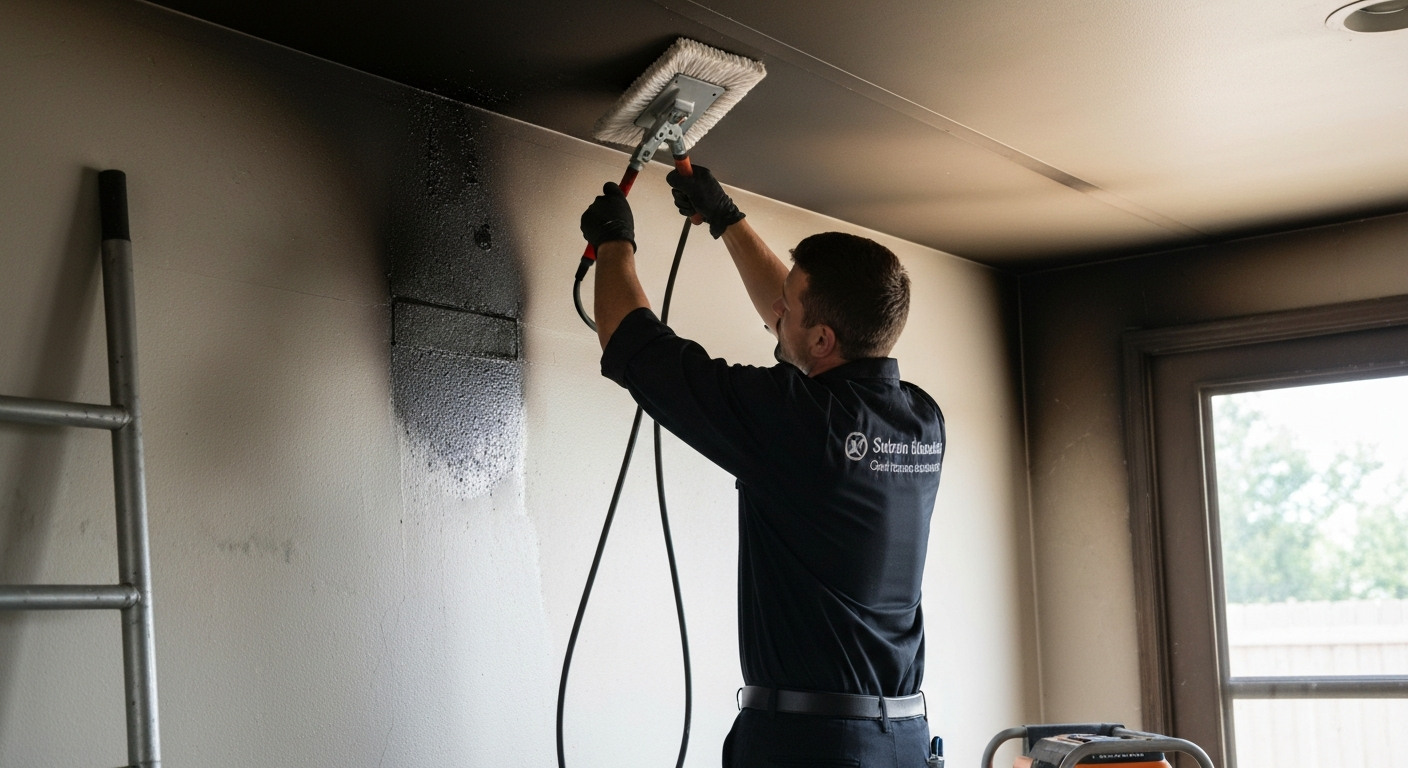 Technician cleaning soot from walls using professional equipment
