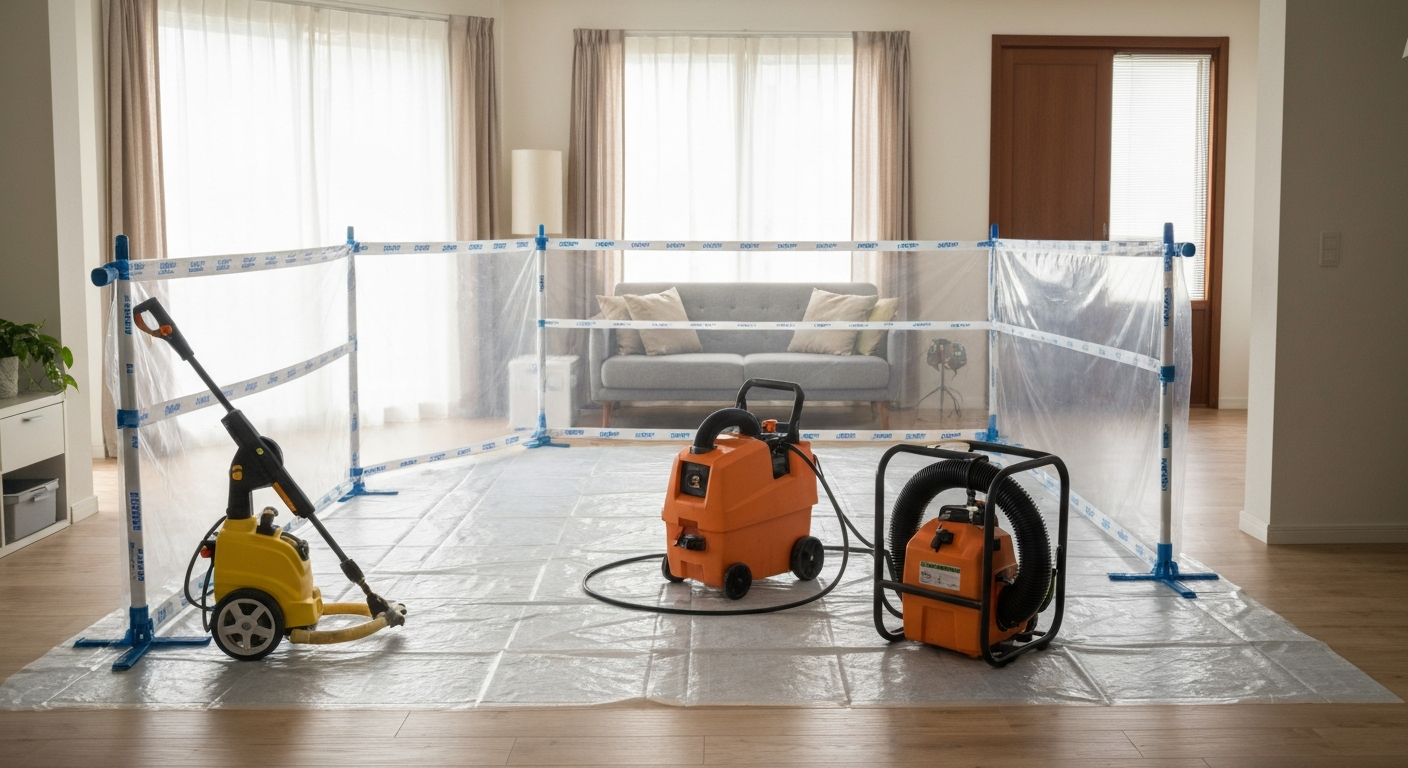 Controlled cleanup setup with containment barriers and equipment staged